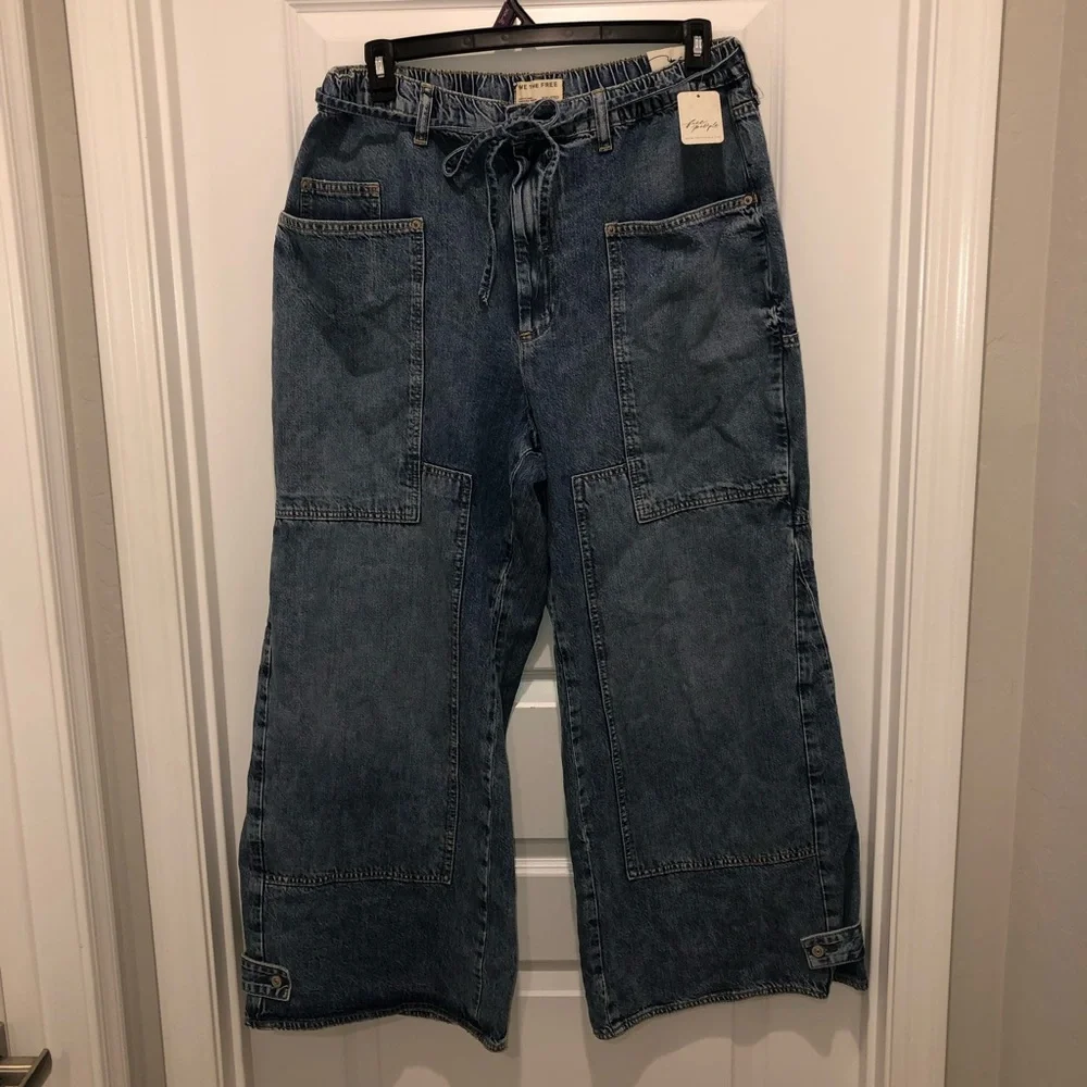 We The Free by Free People CRVY Outlaw Wide Leg Denim Blue Jeans sz XXL